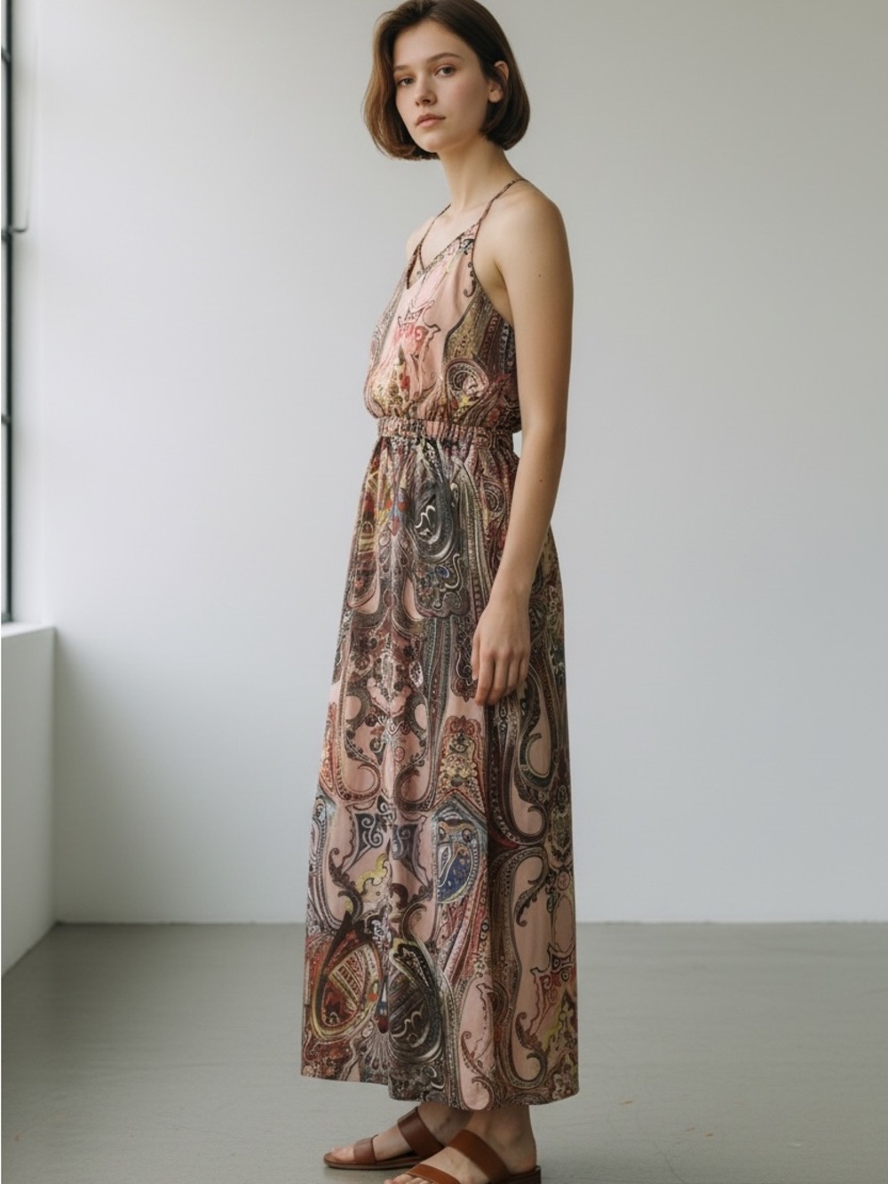 Luna Boho Paisley Maxi Dress Pink Multi Spaghetti Strap Summer Festival Size M